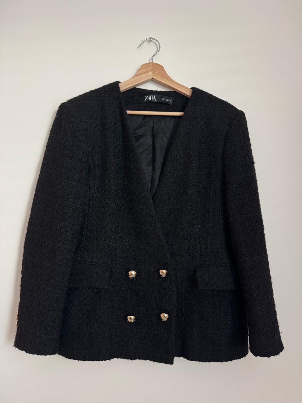 ZARA Black Tweed Double-Breasted Blazer with Gold Buttons